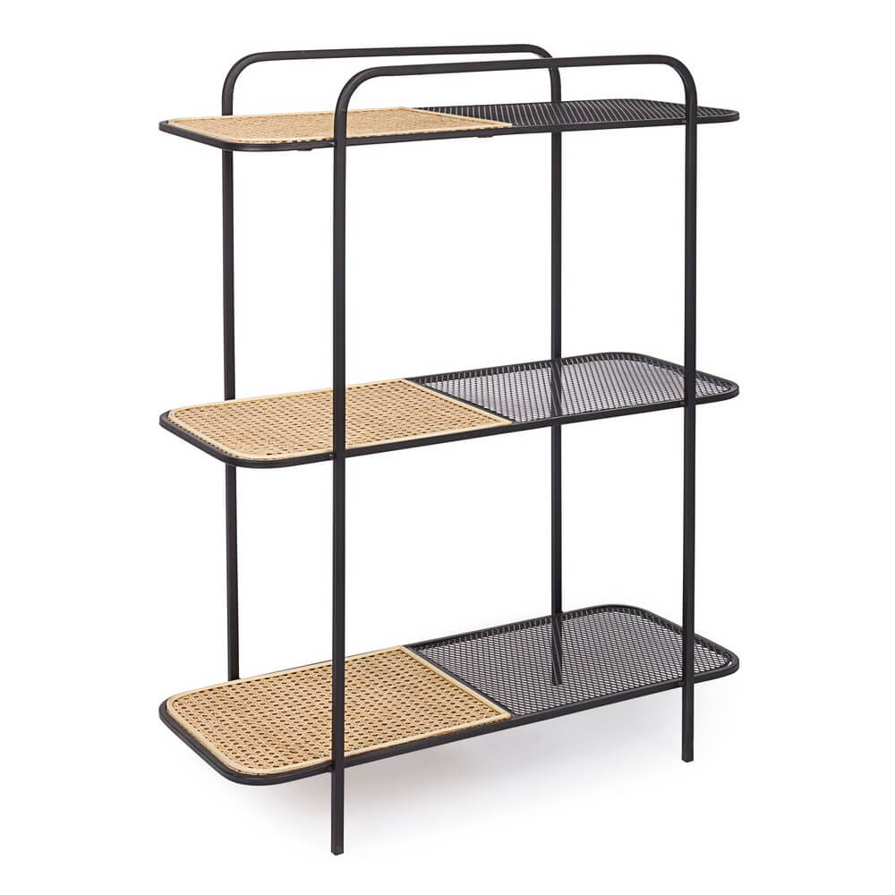Libreria a 3 Piani in Acciaio Nero e Rattan Naturale - LIVIA