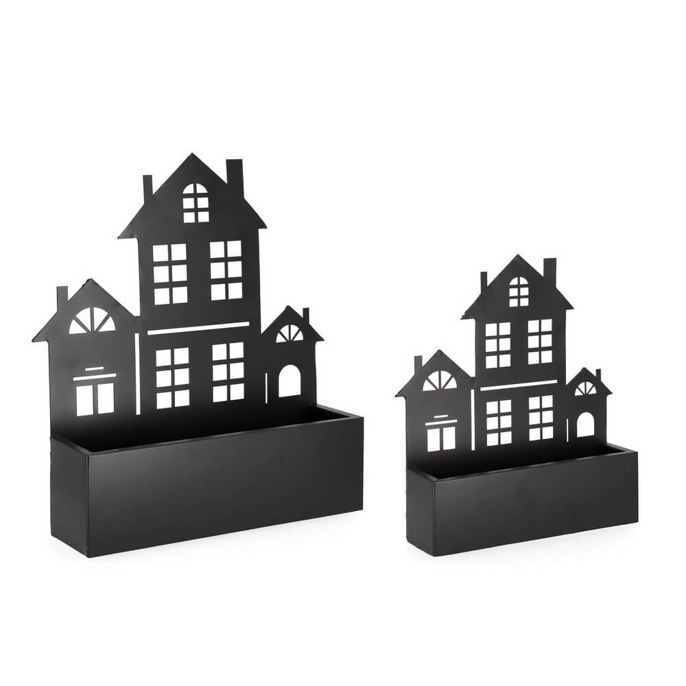 Set di 2 Set da 2 Porta Fiori da Esterno in Acciaio Nero Sagoma Case - THANDOR