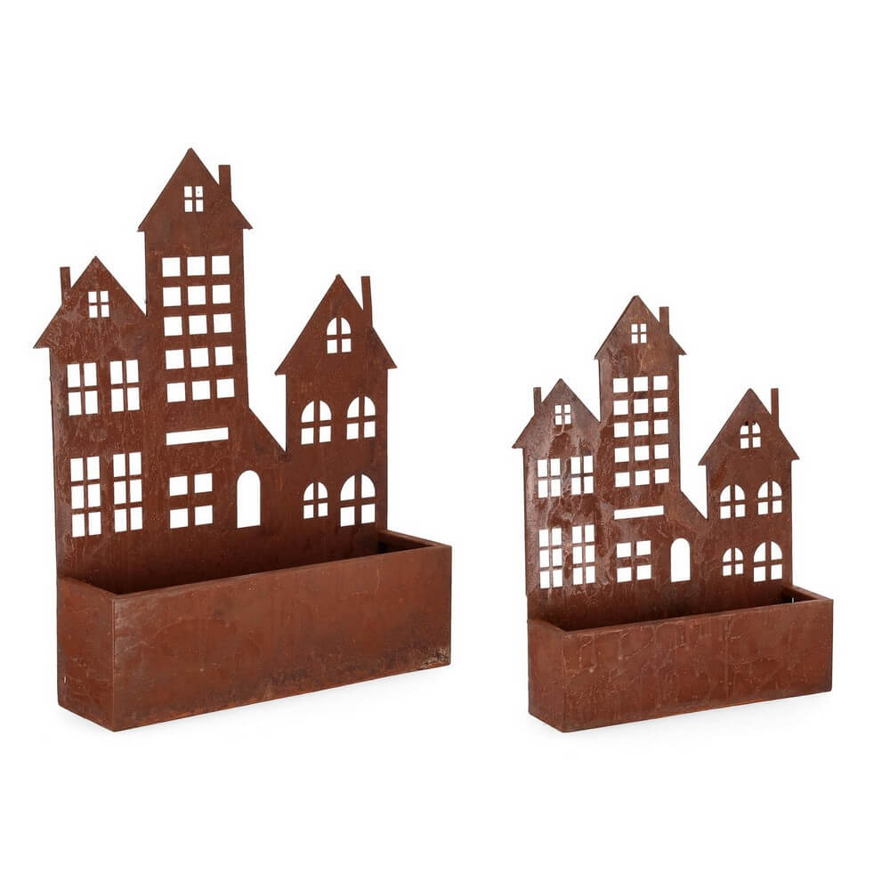 Set di 2 Set da 2 Porta Fiori da Esterno in Acciaio Ossidato Effetto Ruggine con Decorazione Case - MELIORA