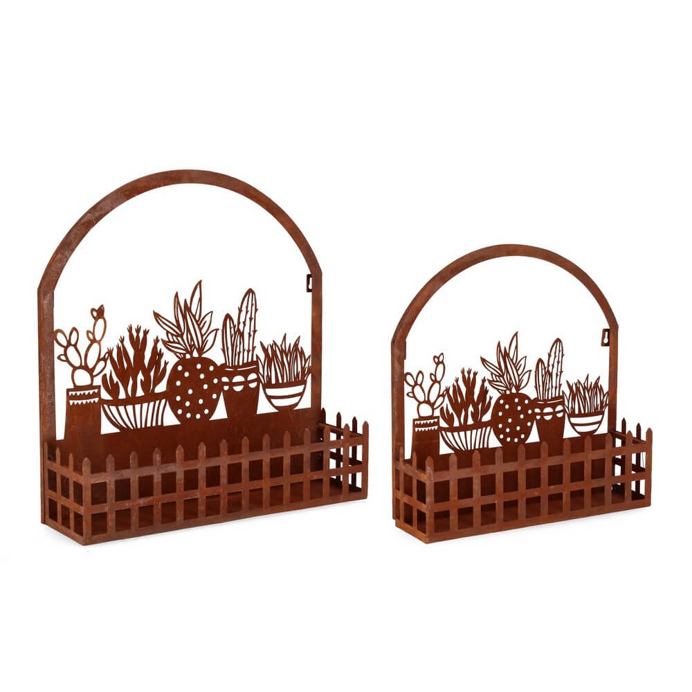 Set di 2 Set da 2 Porta Fiori in Acciaio Ossidato Effetto Ruggine con Decoro Cactus - ENYRA