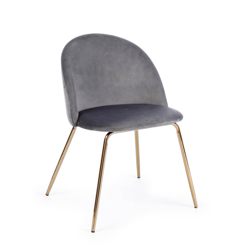 Set di 4 Sedie Imbottite in Velluto Grigio con Gambe Dorate - GABRIELLA