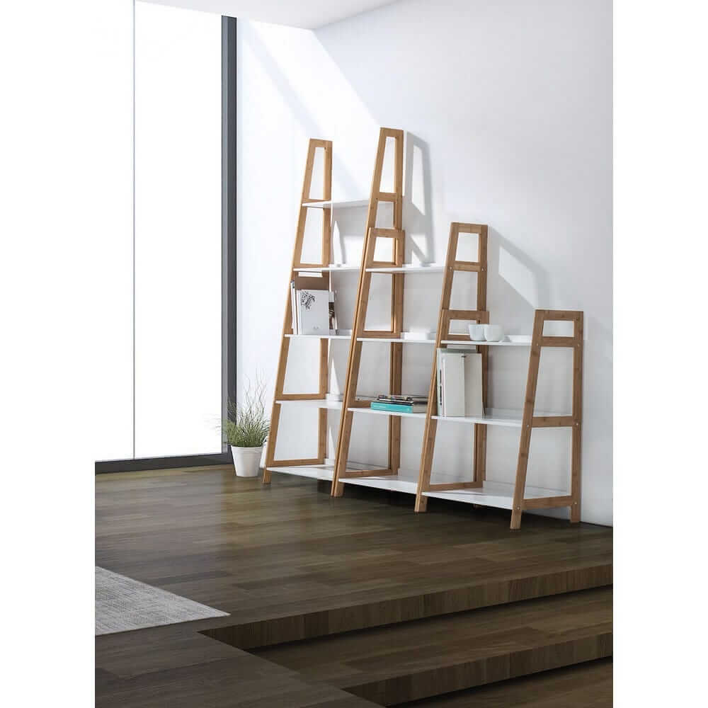 Libreria a Scala 4 Piani in Bamboo e MDF Bianco - HUDSON