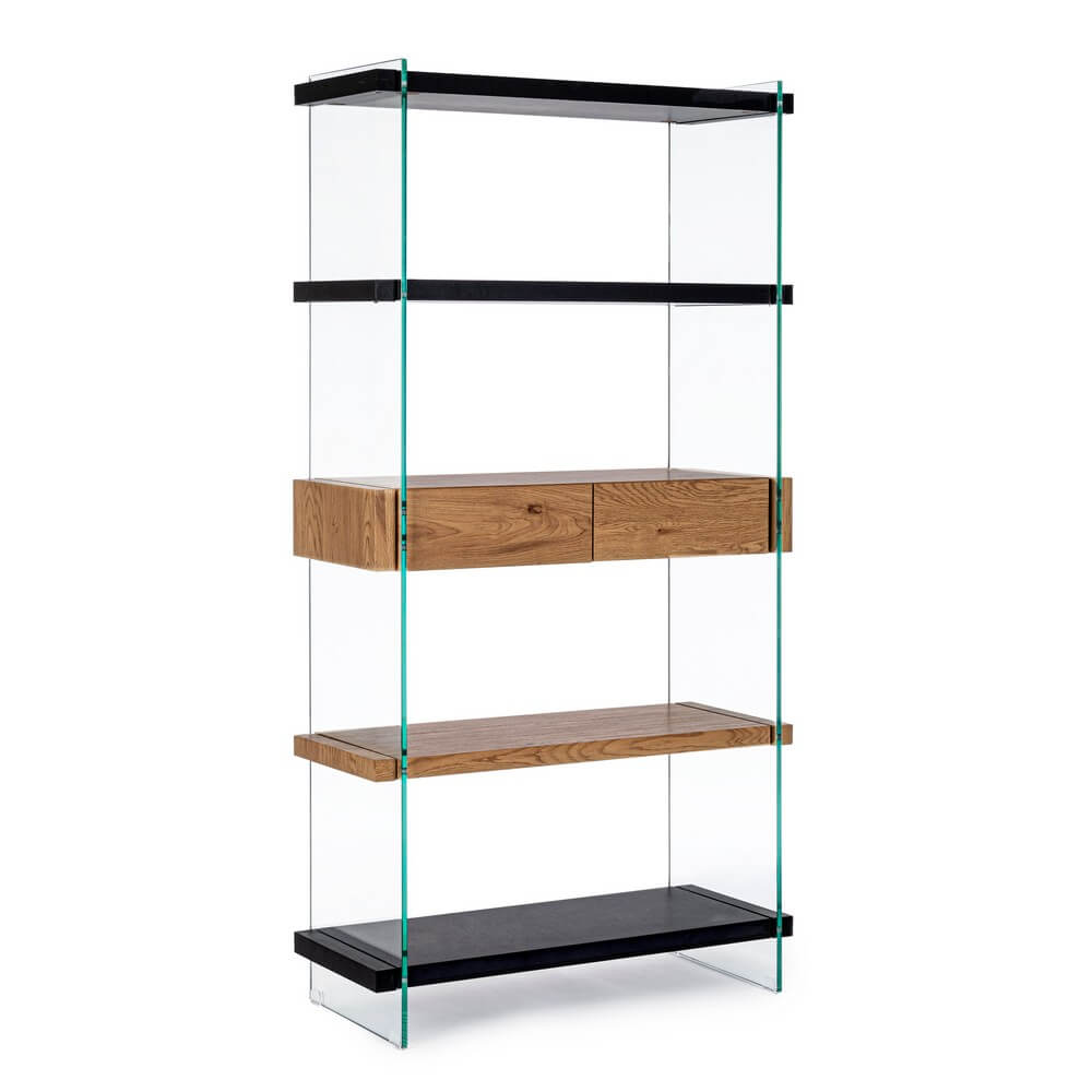 Libreria 4 Piani 2 Cassetti in Vetro e Legno Nero - SARA