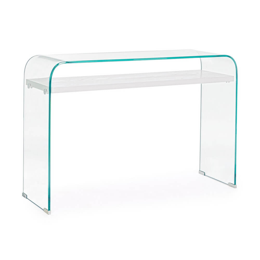 Consolle in Vetro Trasparente con Ripiano Effetto Legno Bianco - SARA