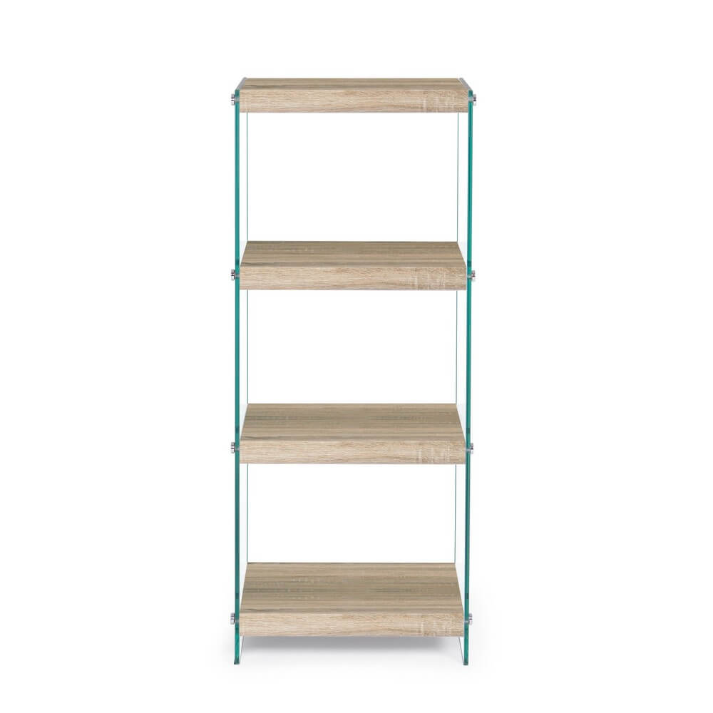 Libreria 4 Piani con Fianchi in Vetro e Ripiani Effetto Legno - SARA