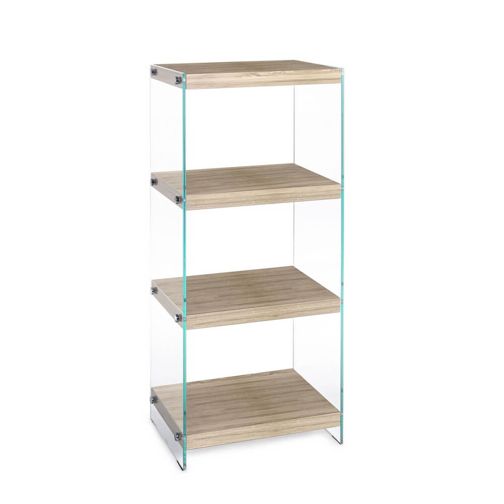 Libreria 4 Piani con Fianchi in Vetro e Ripiani Effetto Legno - SARA
