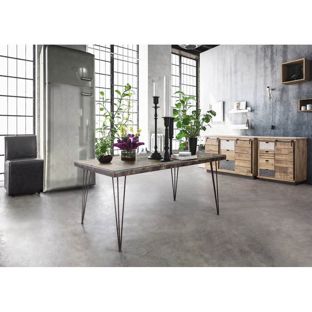 Tavolo da pranzo industrial in acciaio anticato piano vetro cemento - RYDER