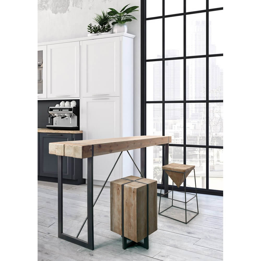 Tavolo Bar Industrial Legno Abete e Acciaio 200x50 cm - THEO