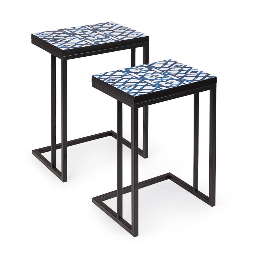 Set di 2 Tavolini Ausiliari in Acciaio con Piano MDF Decorato - DECLAN