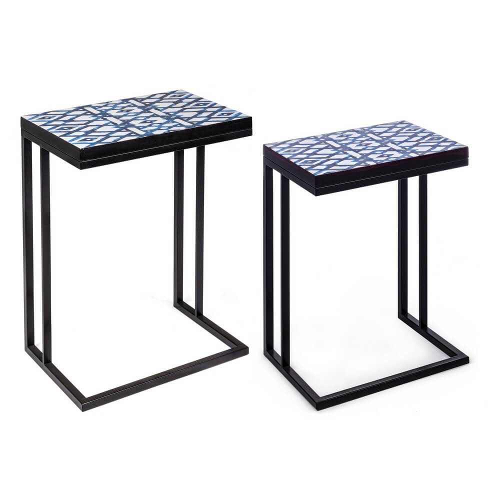 Set di 2 Tavolini Ausiliari in Acciaio con Piano MDF Decorato - DECLAN