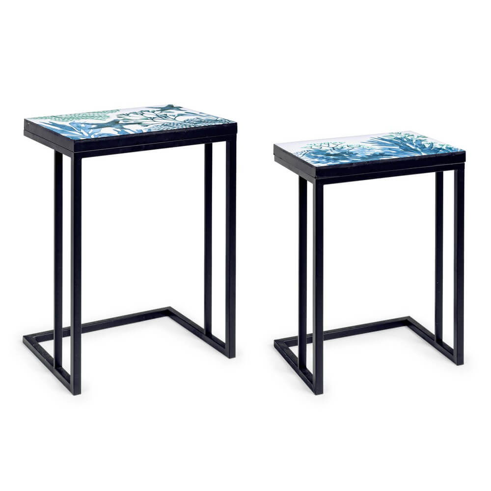 Set di 2 tavolini in metallo nero con piano decorato coralli - DECLAN
