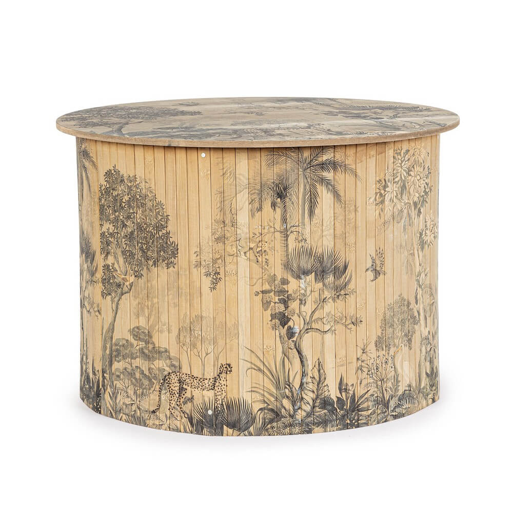 Tavolino rotondo in bambù con stampa jungle stile toile - STARDUST