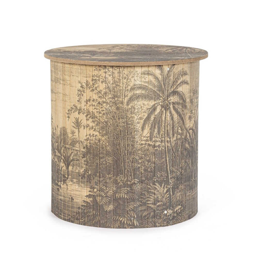Tavolino Rotondo in Bambù con Stampa Tropicale 40x40 cm - NIPPON BAMBOO