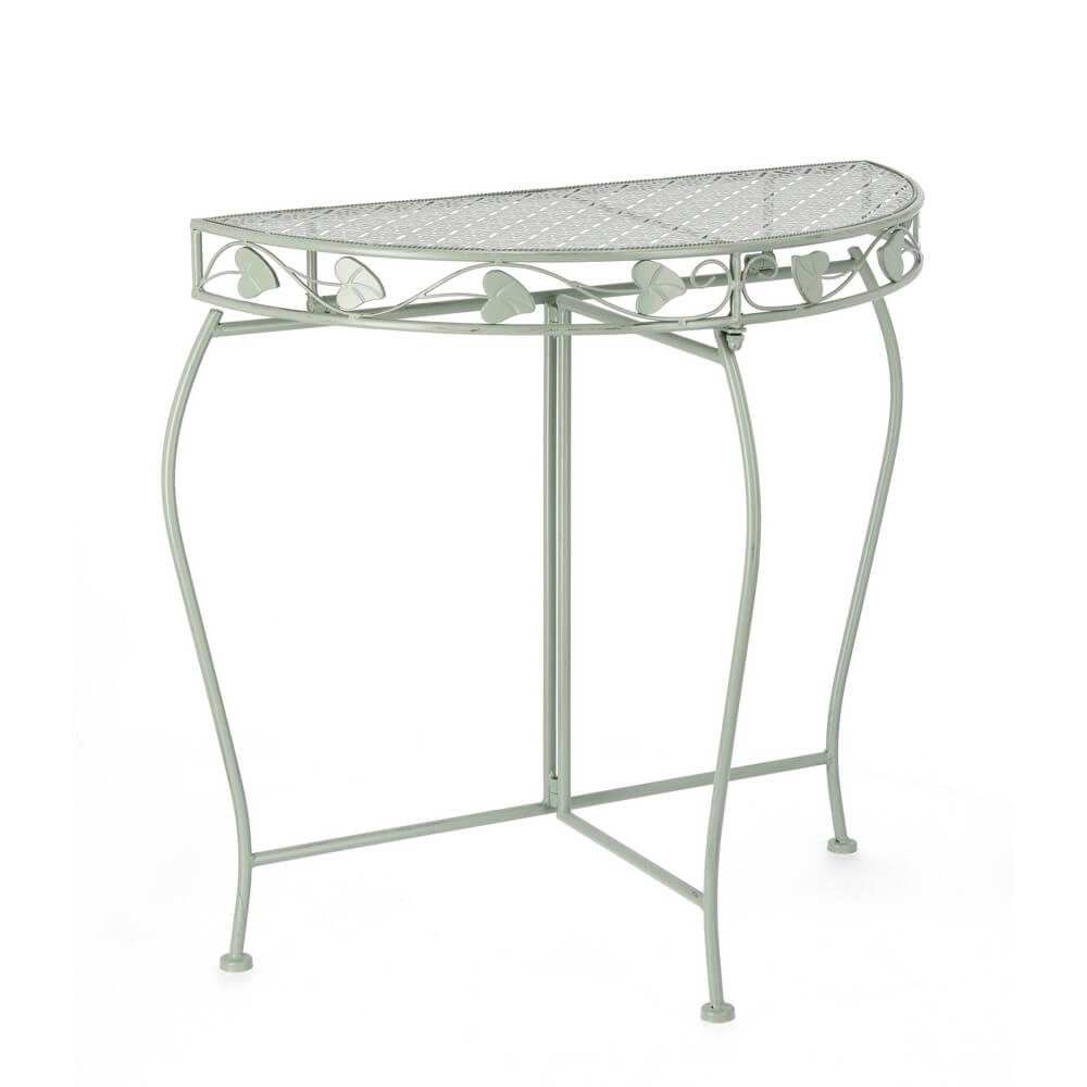 Set di 2 Consolle Mezzaluna in Acciaio Verde Salvia con Decori Floreali - GIANNA