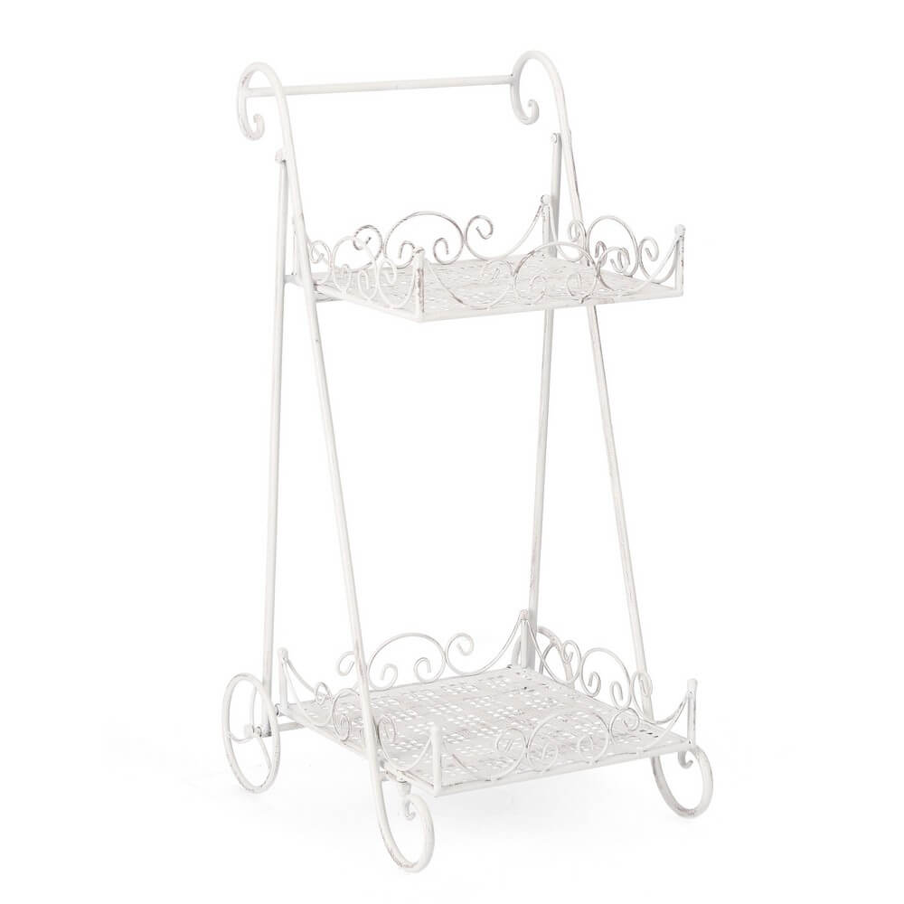 Set di 4 Porta Fiori in Ferro Bianco con 2 Piani e Ruote Stile Romantico - IRENE