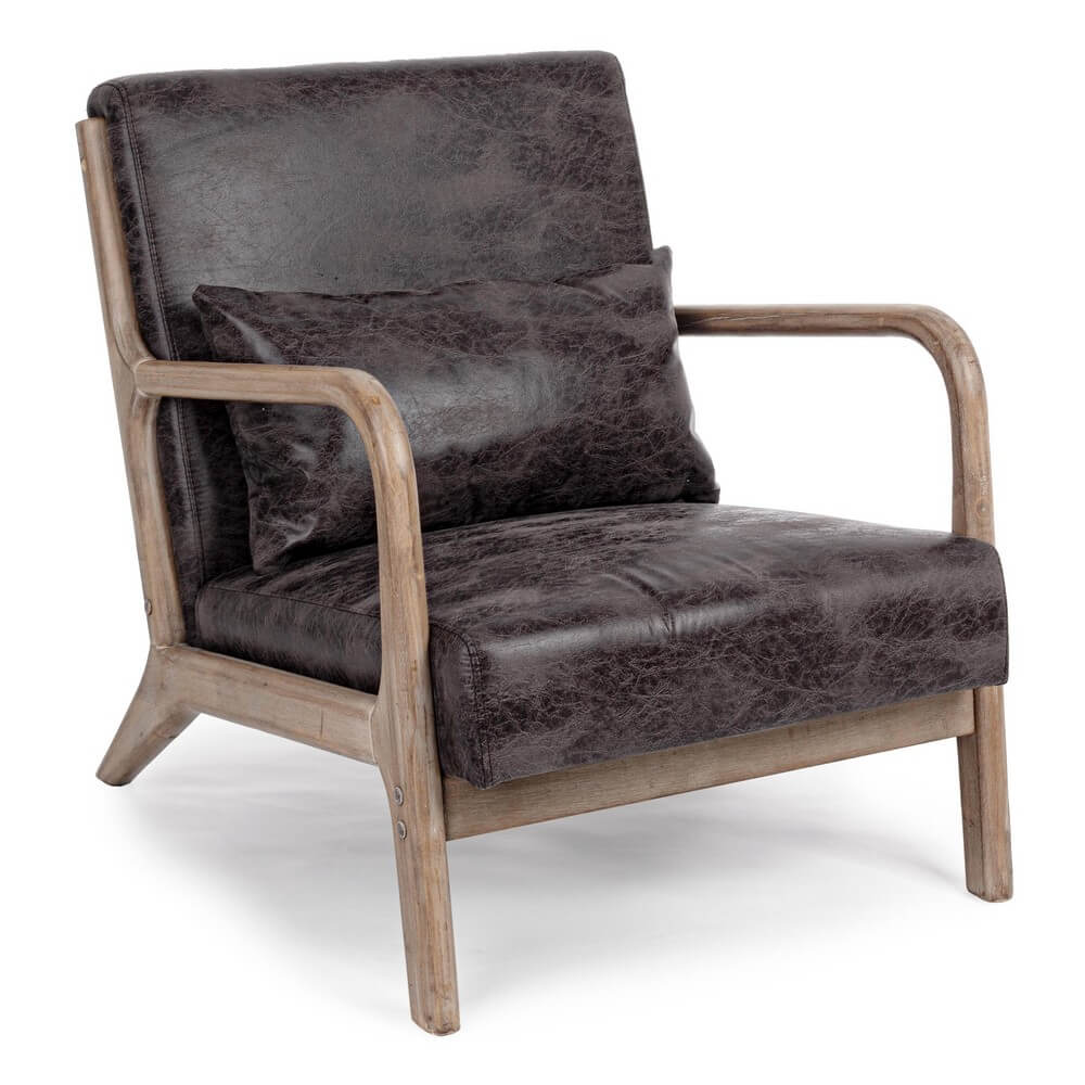Poltrona con Cuscini in Ecopelle Vintage e Struttura in Legno - MATTHEW