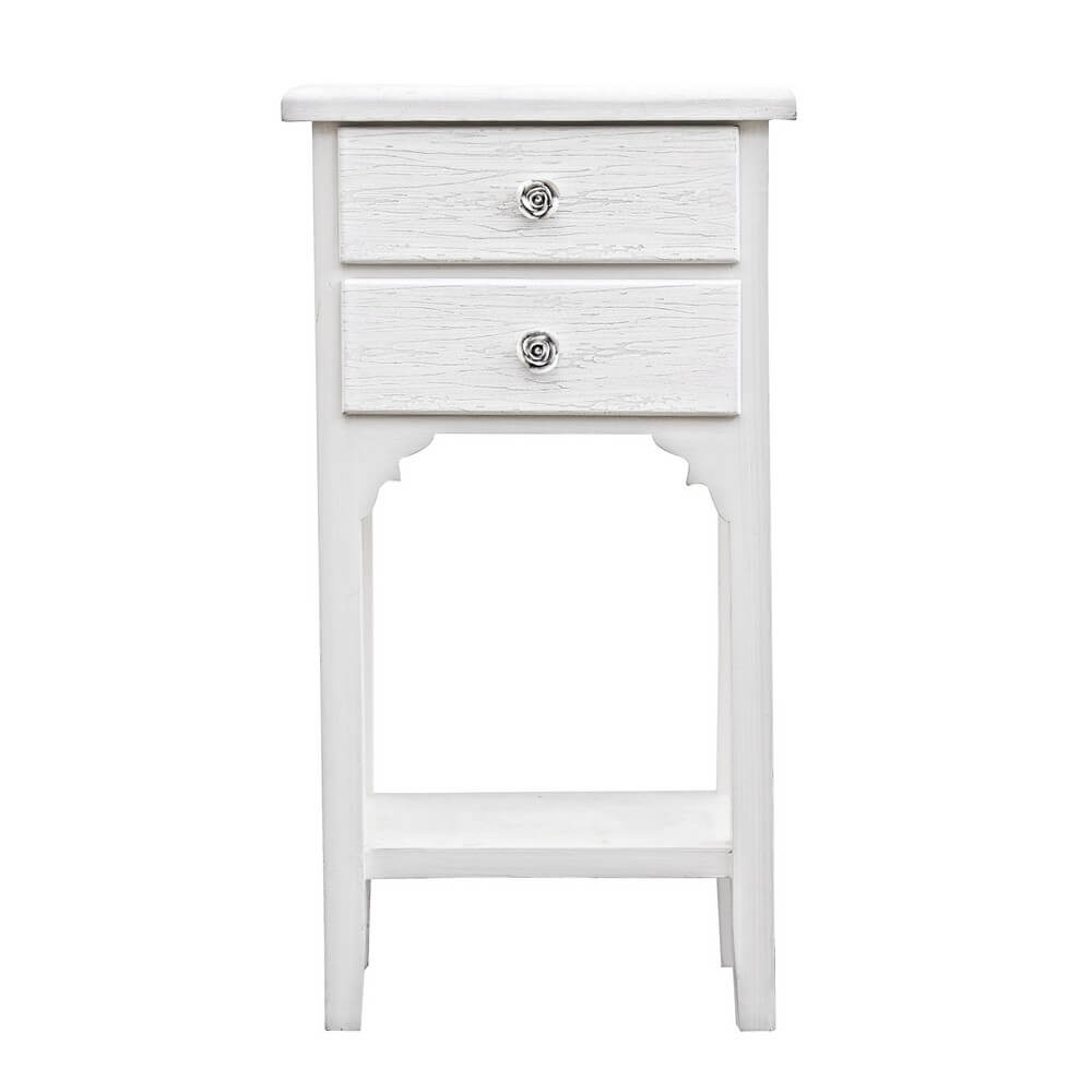 Comodino in MDF bianco decapato con 2 Cassetti e ripiano - BLAINE