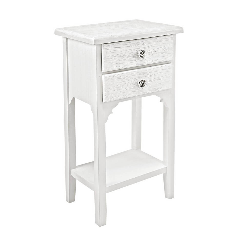 Comodino in MDF bianco decapato con 2 Cassetti e ripiano - BLAINE