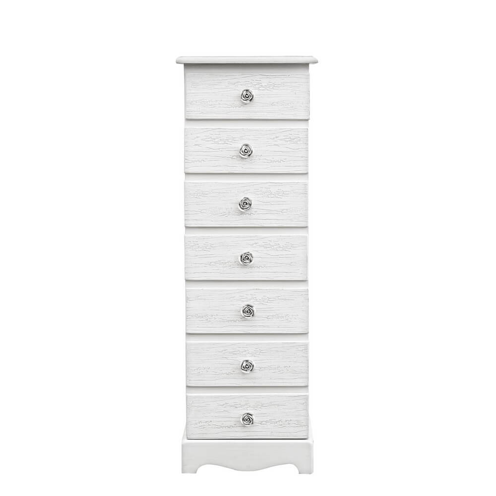 Cassettiera alta 7 cassetti bianca shabby chic con maniglie a rosa - BLAINE