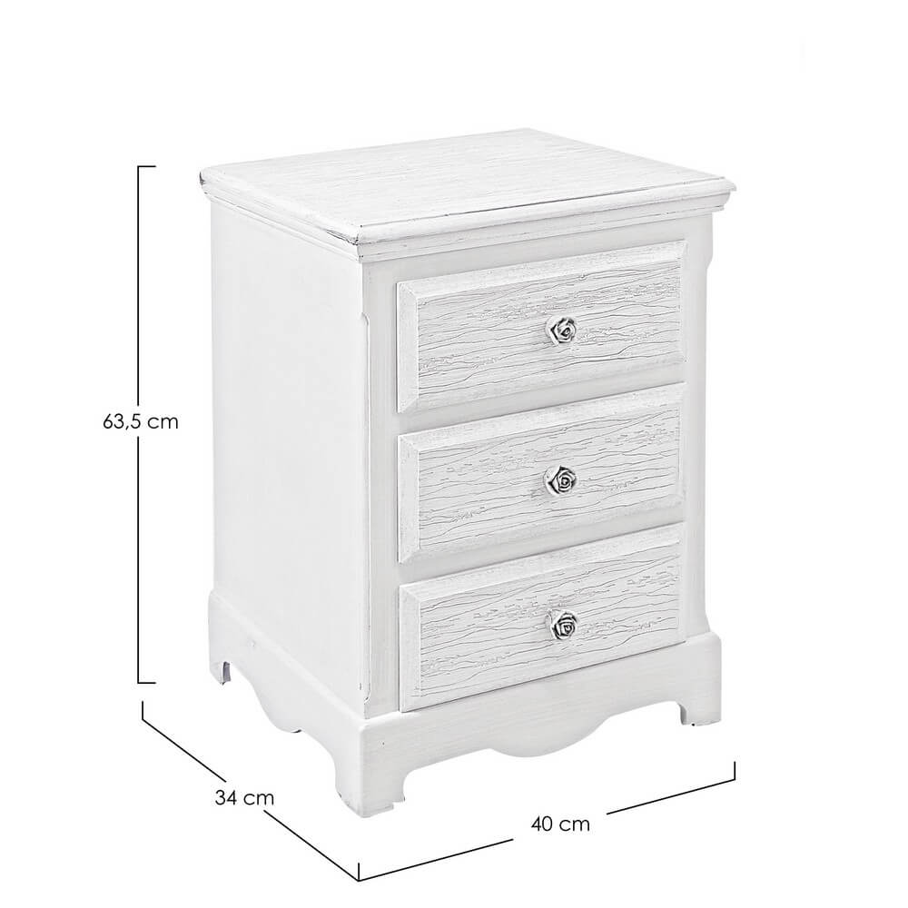 Comodino in MDF bianco decapato con 3 cassetti e maniglie floreali - BLAINE