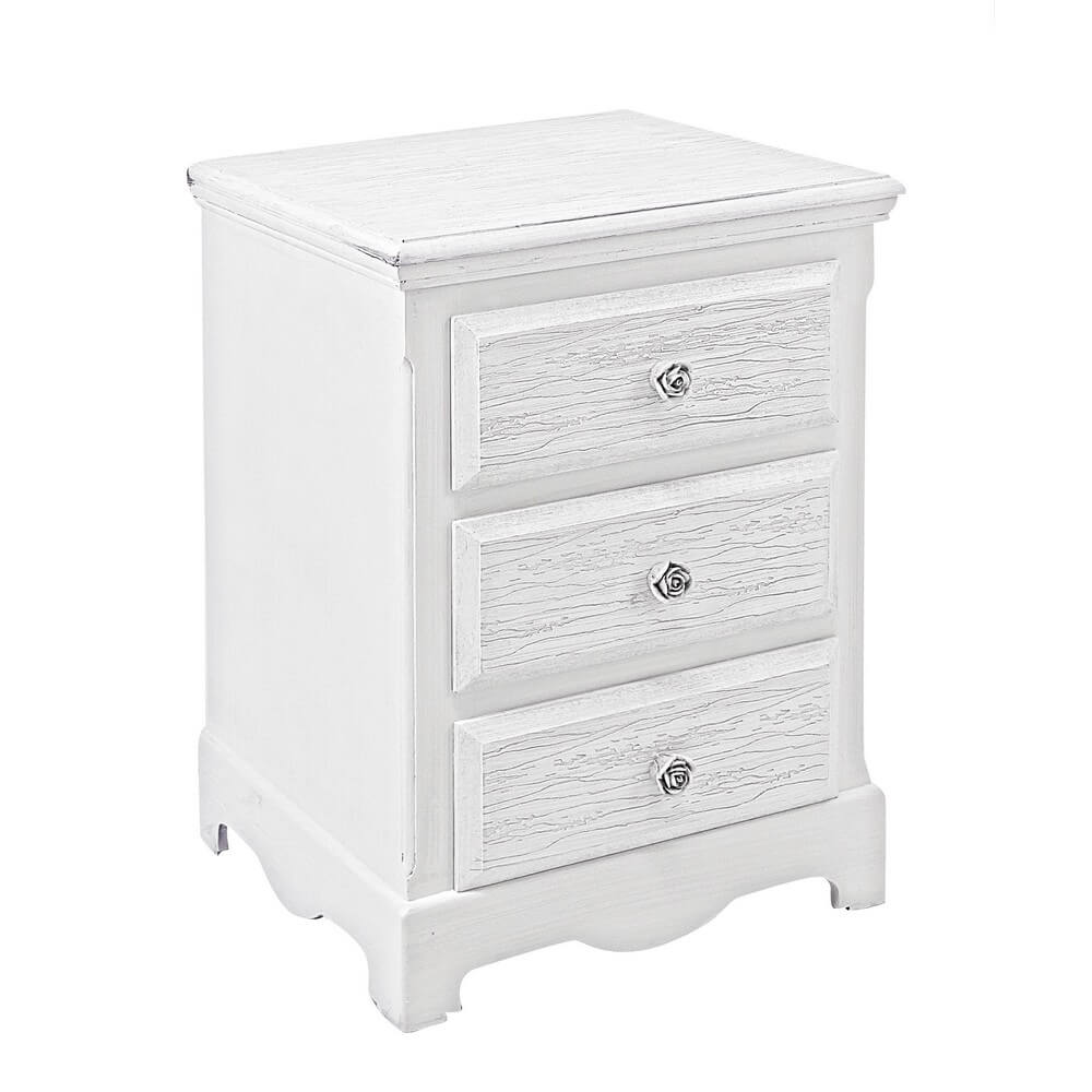 Comodino in MDF bianco decapato con 3 cassetti e maniglie floreali - BLAINE