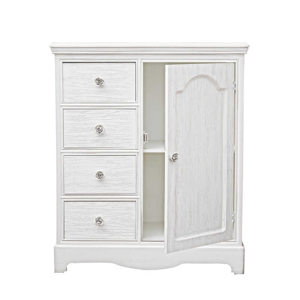 Credenza in Legno Bianco Shabby con 1 Anta e 4 Cassetti - IVORY