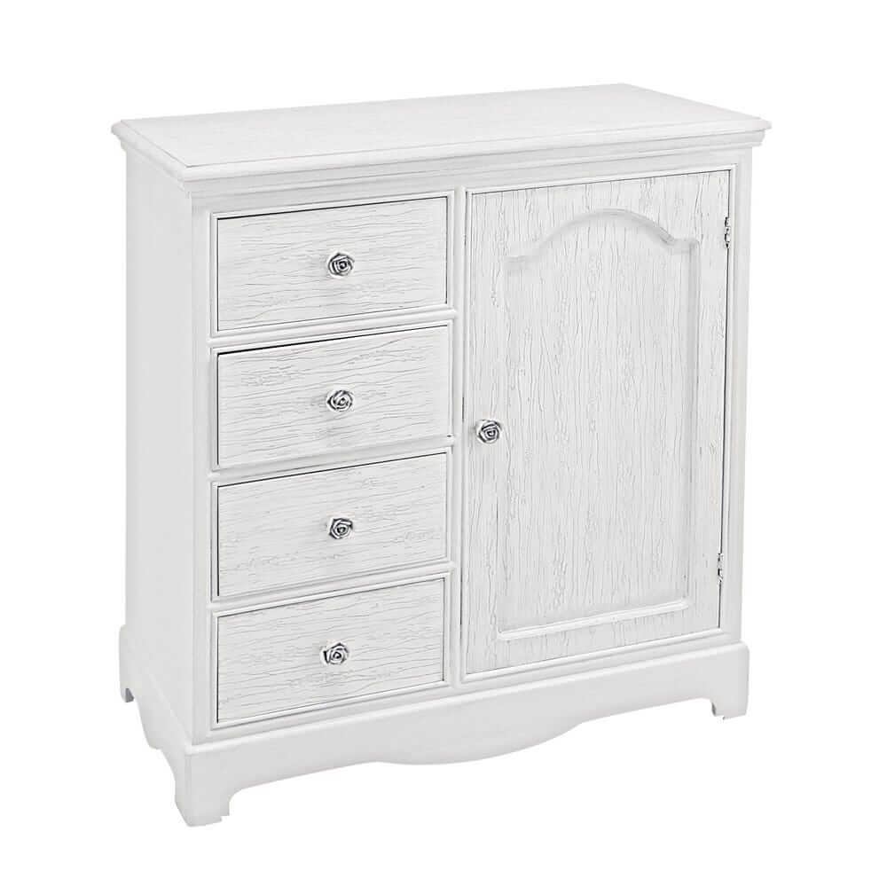 Credenza in Legno Bianco Shabby con 1 Anta e 4 Cassetti - IVORY