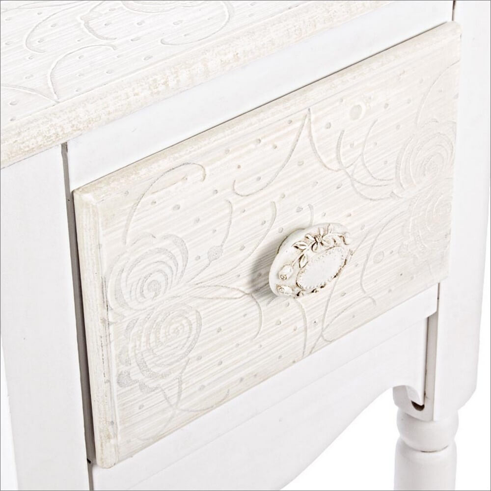 Set di 2 Comodini Porta Lampada in MDF Bianco con Cassetto e Motivi Floreali - CLARA