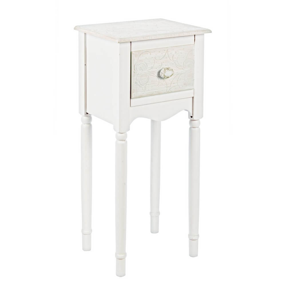 Set di 2 Comodini Porta Lampada in MDF Bianco con Cassetto e Motivi Floreali - CLARA