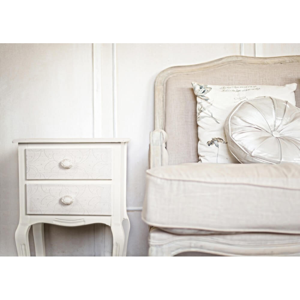 Comodino con 2 Cassetti in MDF Bianco Stile Romantico Floreale - CLARA