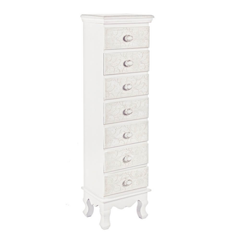 Cassettiera Alta 7 Cassetti in MDF Bianco con Decori Floreali - CLARA