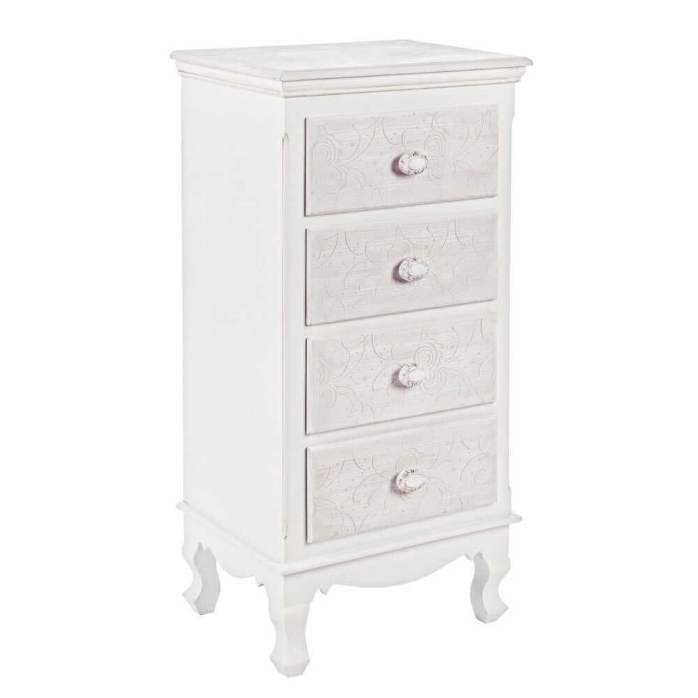Cassettiera 4 Cassetti in MDF Bianco con Decori Floreali - ALBINE