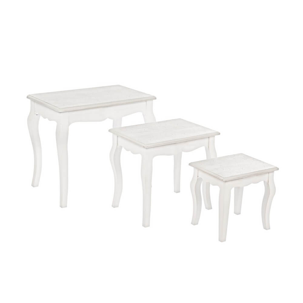 Set da 3 Tavolini Shabby Chic in MDF Bianco con Motivi Floreali - CLARA