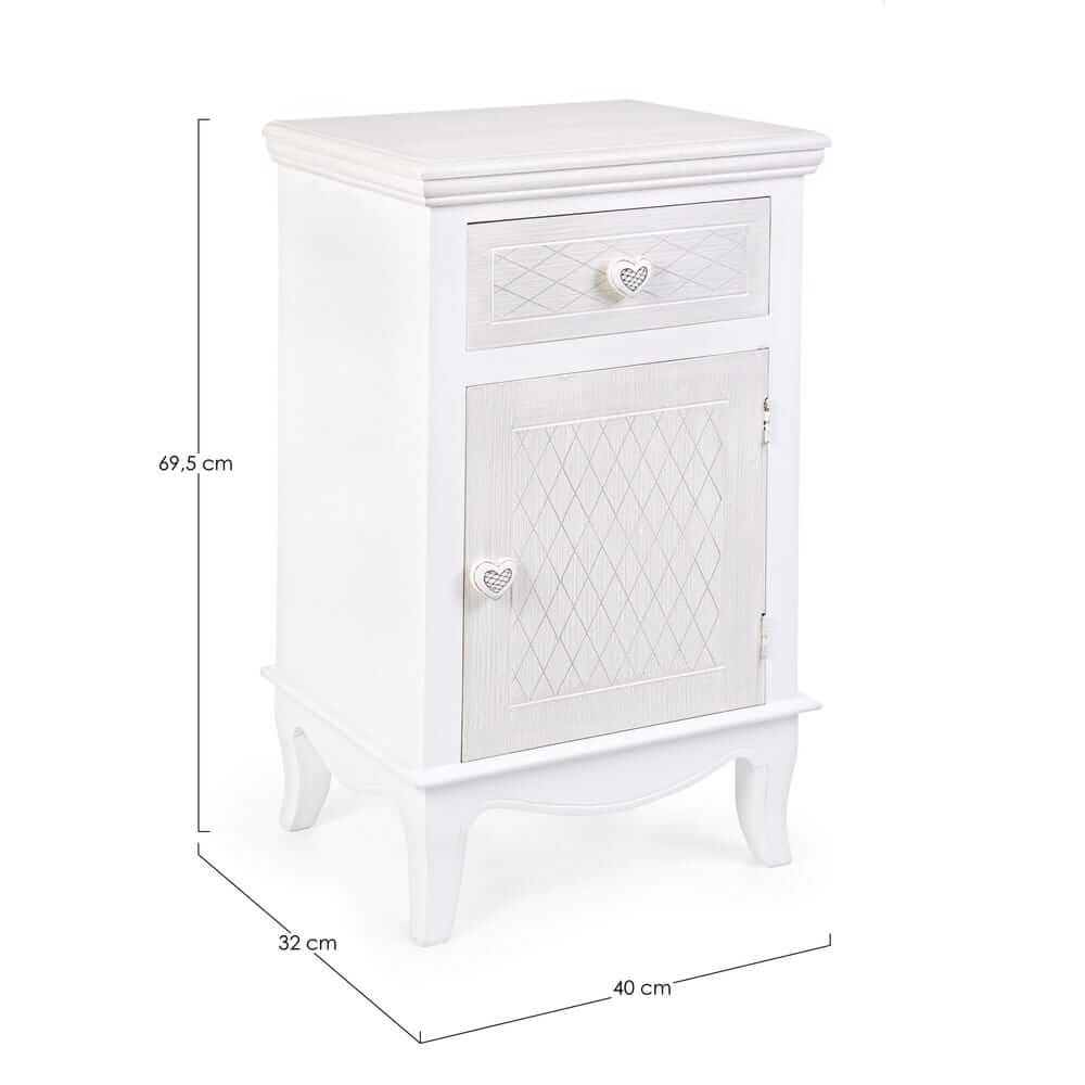 Comodino Bianco in MDF con 1 Anta e 1 Cassetto Stile Romantico - ADELINE