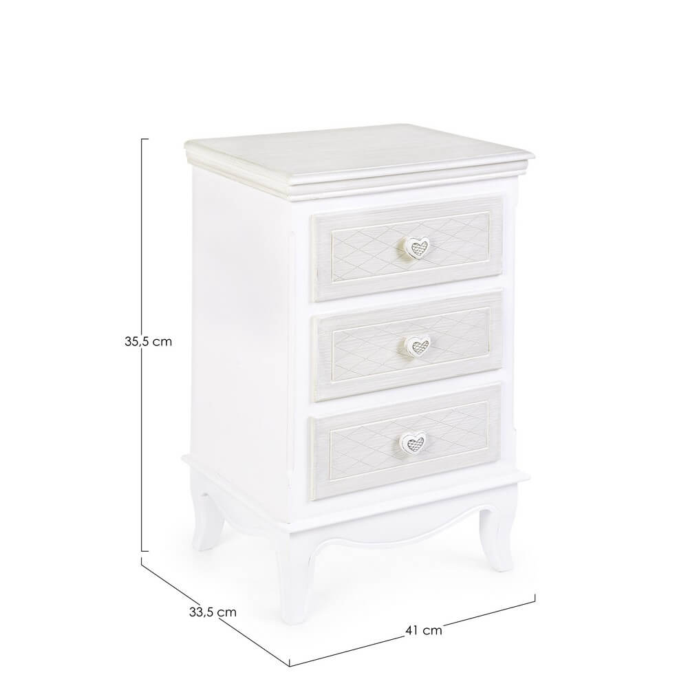 Comodino in MDF bianco romantico con 3 cassetti e pomelli a cuore - CAROLINE