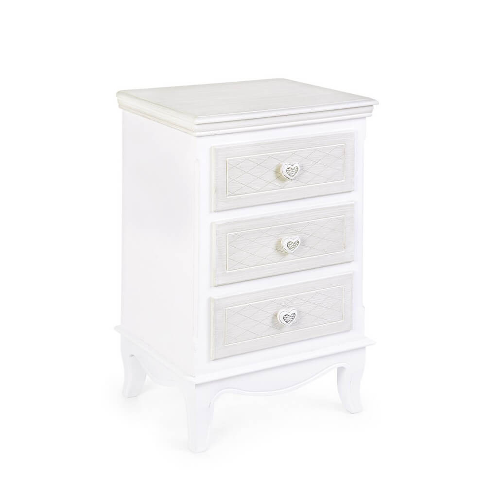 Comodino in MDF bianco romantico con 3 cassetti e pomelli a cuore - CAROLINE