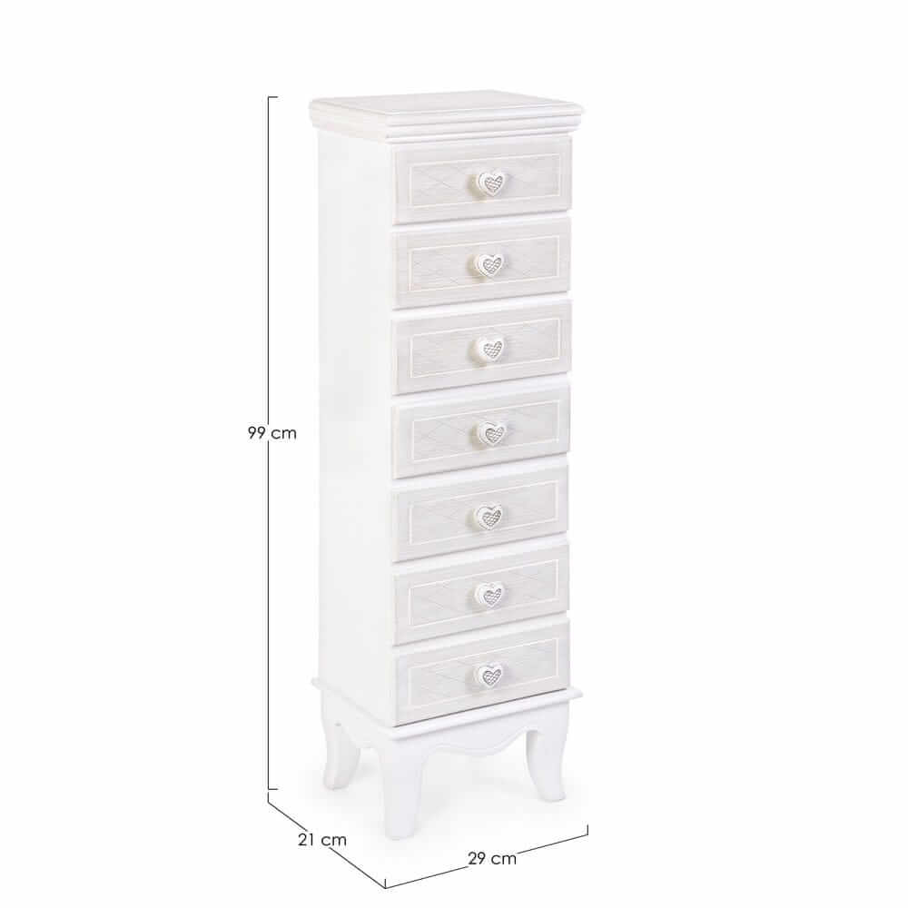Cassettiera Alta 7 Cassetti in MDF Bianco Stile Romantico - ADELINE