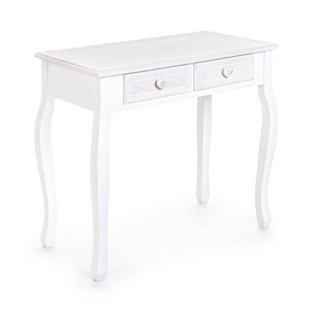 Consolle in legno bianco shabby chic con 2 cassetti - CAROLINE
