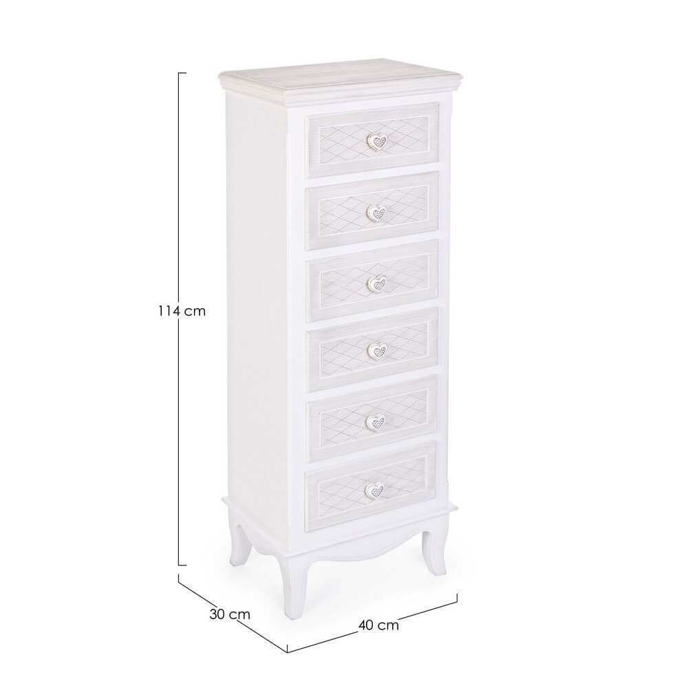 Cassettiera alta 6 cassetti in MDF bianco stile romantico - CAROLINE