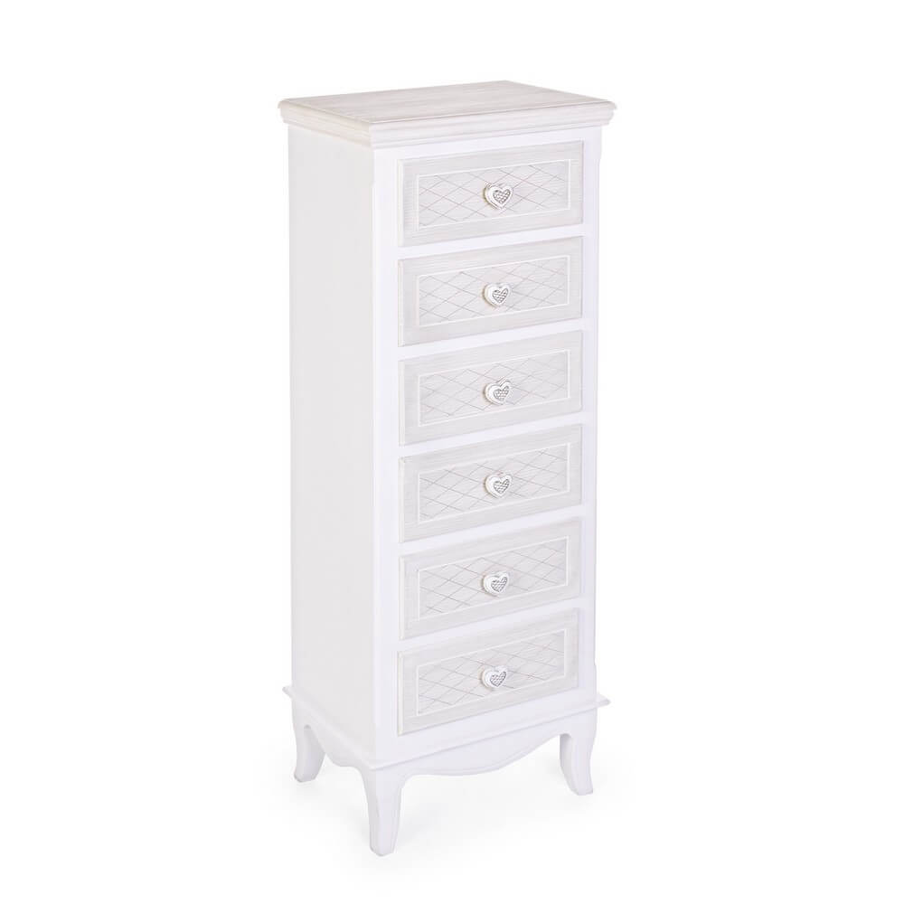 Cassettiera alta 6 cassetti in MDF bianco stile romantico - CAROLINE