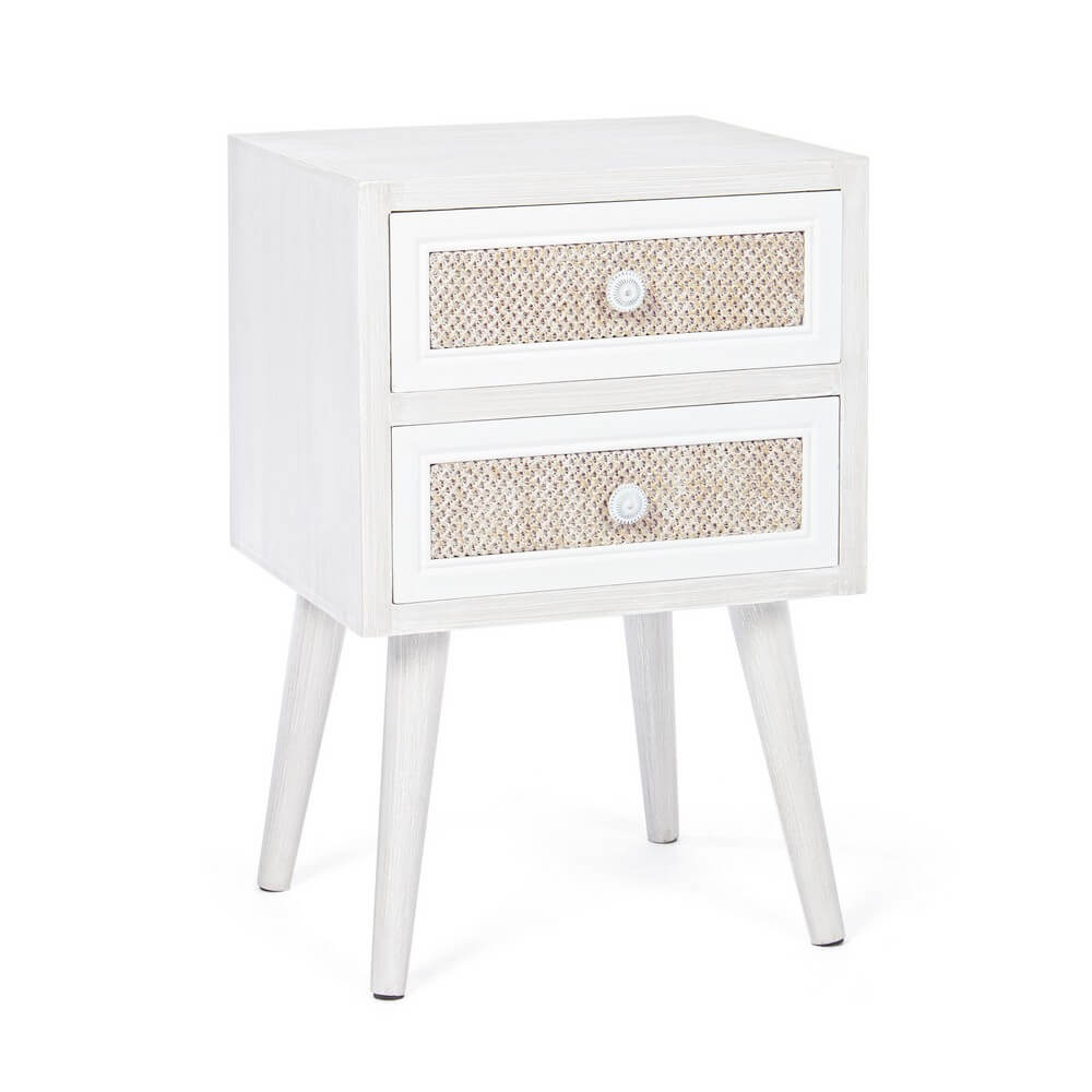 Comodino in MDF con 2 Cassetti in Tessuto e Piedini in Legno - MONIQUE