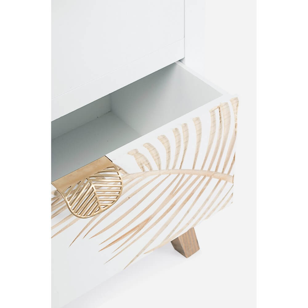 Comodino 2 Cassetti Bianco in Legno con Decoro Foglie - FLORA