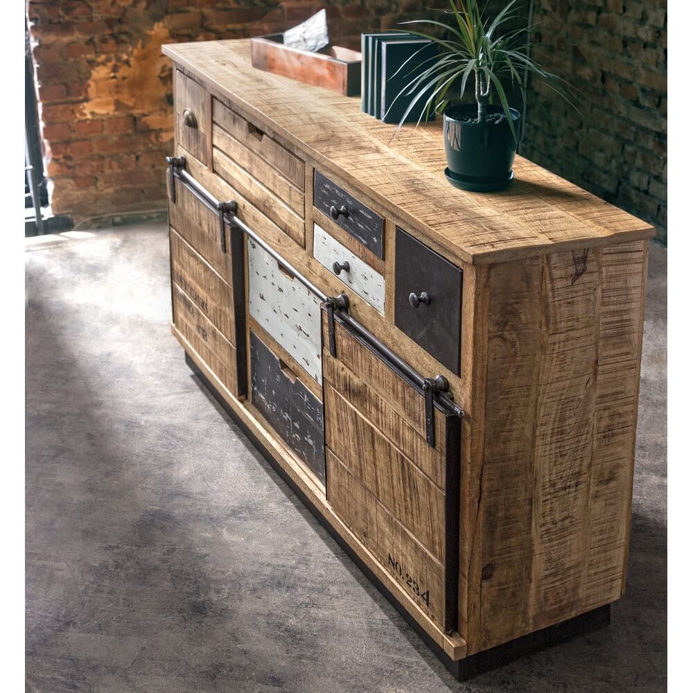 Credenza in Legno di Mango con 2 Ante e 7 Cassetti Stile Industrial Vintage - THEODORE