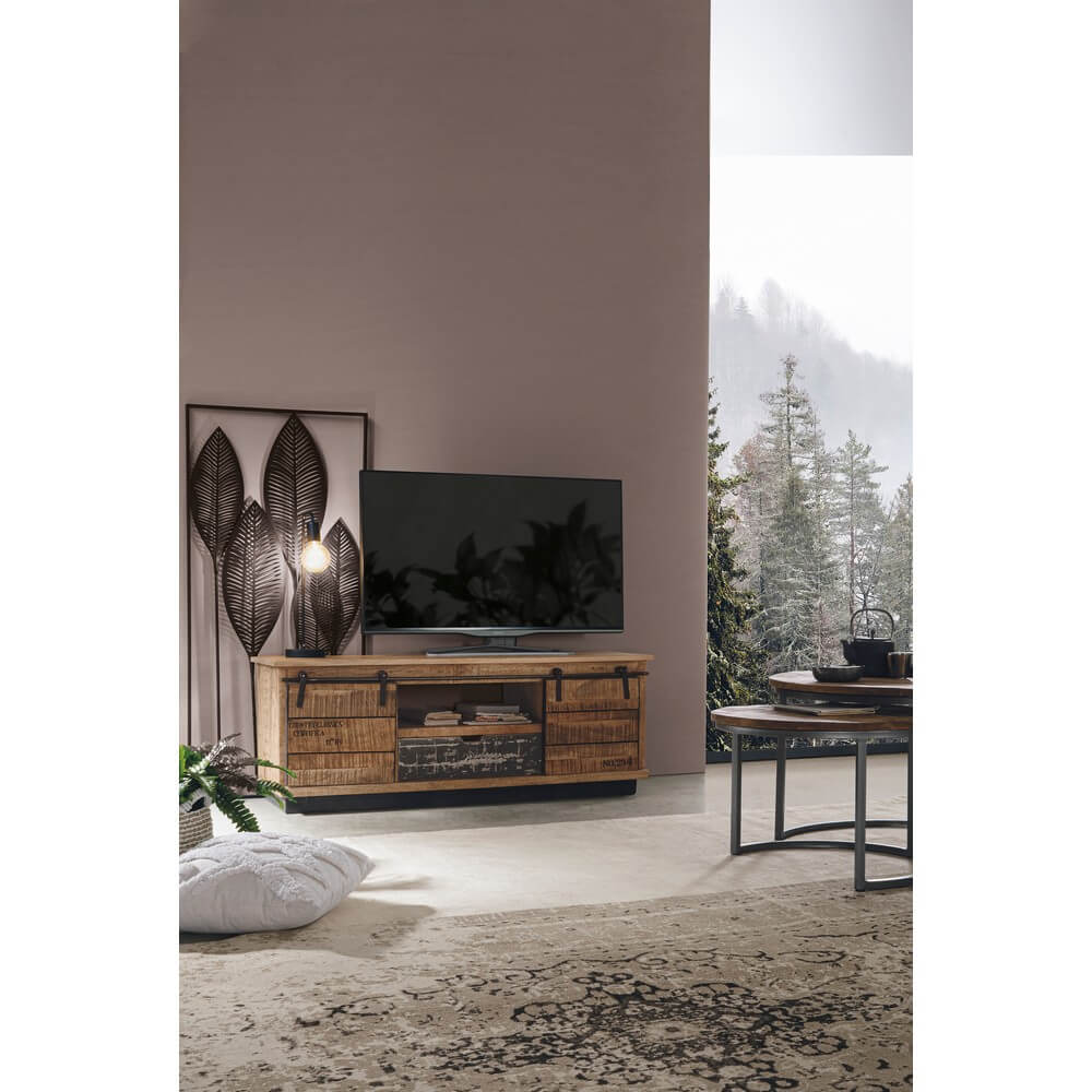 Mobile TV legno mango 2 ante scorrevoli e 1 cassetto industrial - THEODORE