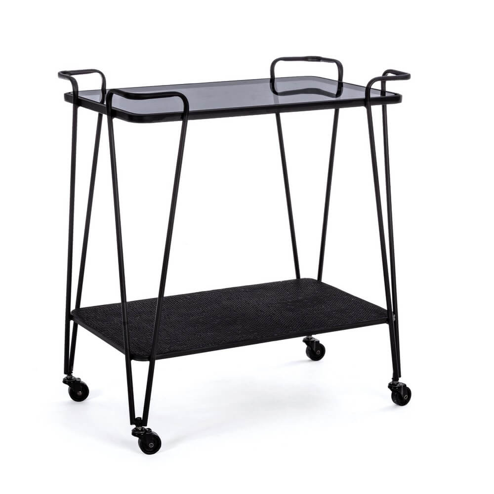 Carrello bar in acciaio nero con piano in vetro temperato e ruote - MIRIAM