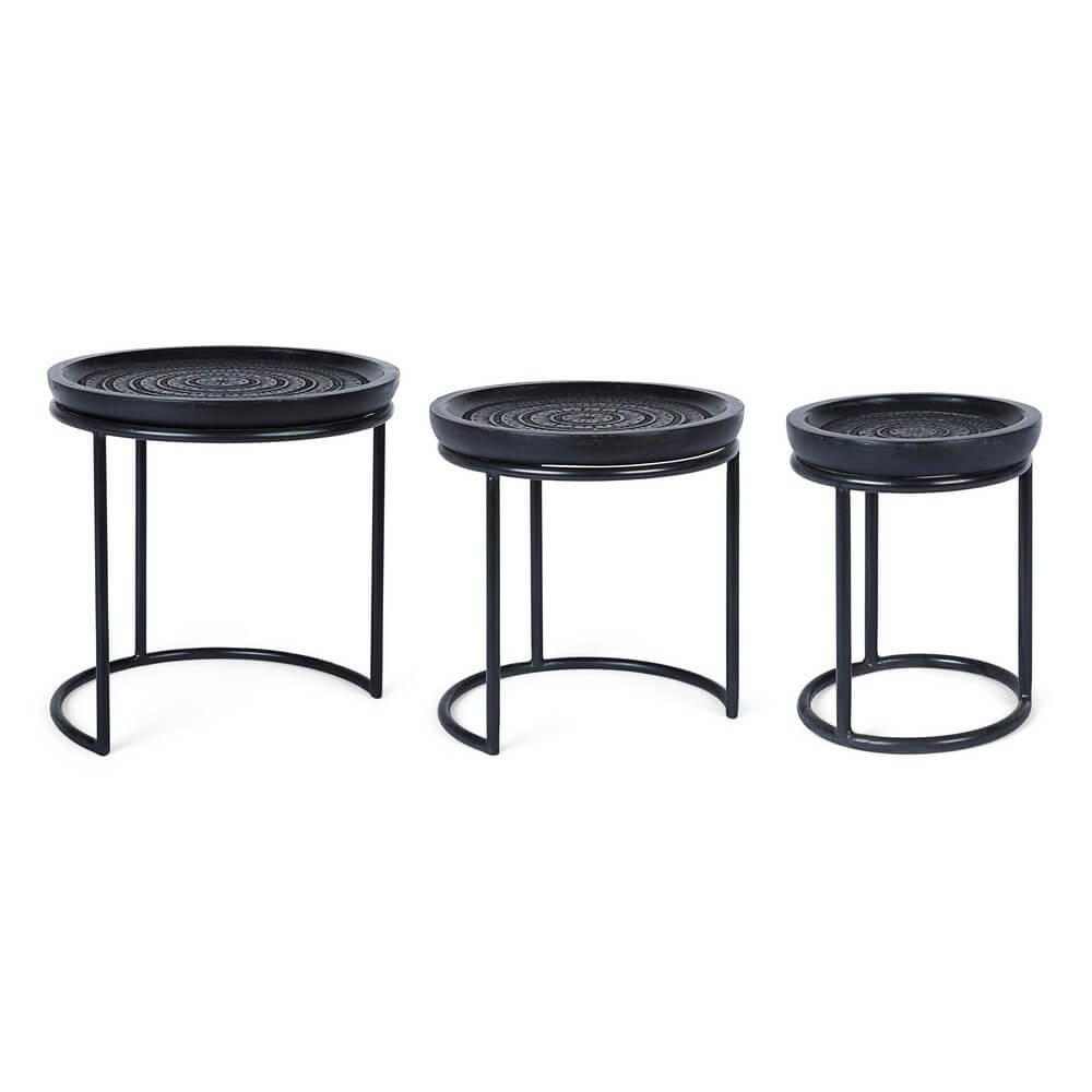 Set da 3 Tavolini Rotondi in Legno di Mango e Acciaio - EMPRESS