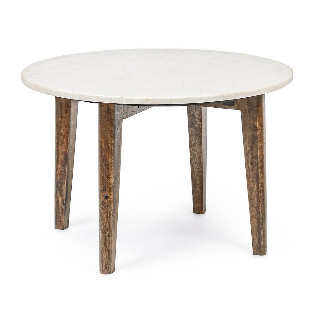 Tavolino rotondo in marmo con gambe in legno di mango - JAXON