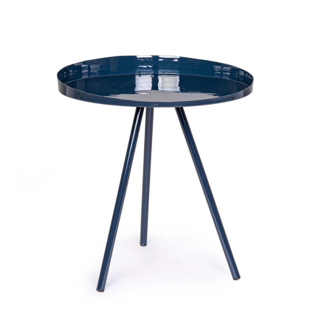 Tavolino rotondo in acciaio smaltato blu con tre gambe - KALEB