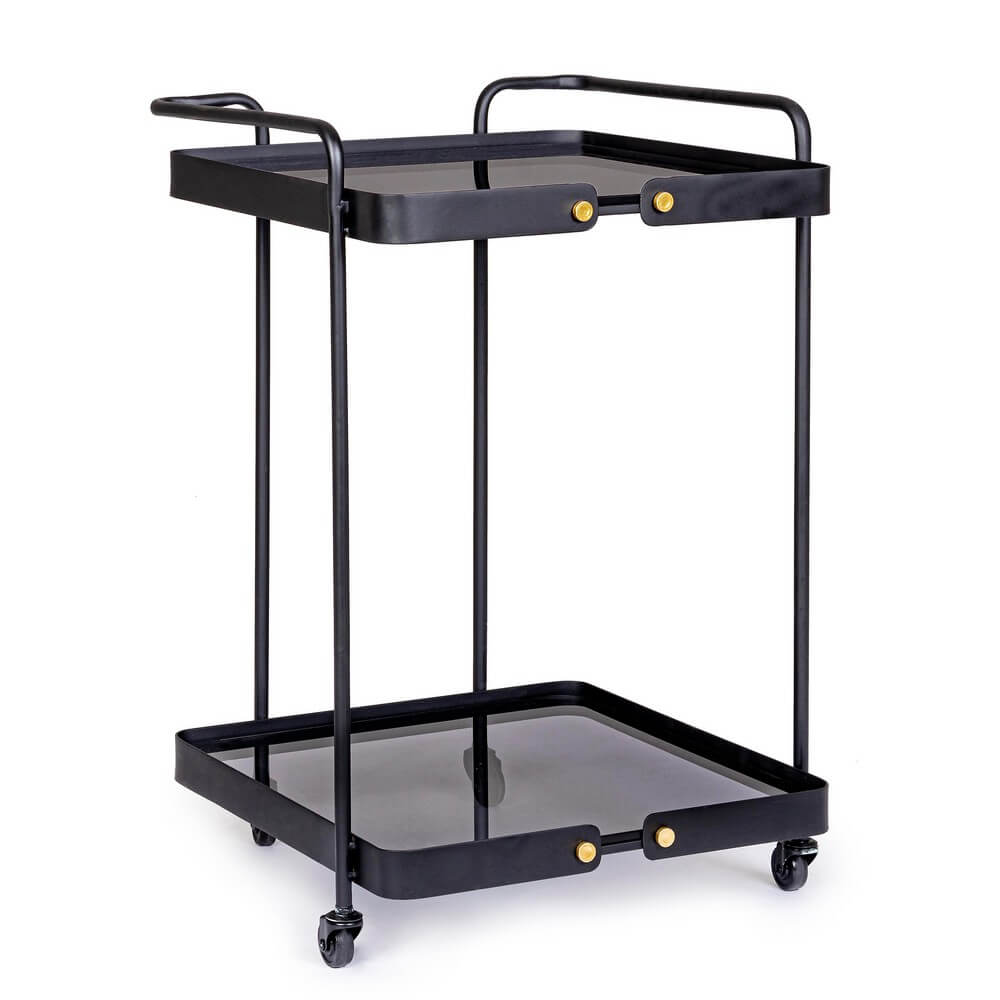 Carrello Bar in Acciaio Nero con Ripiani in Vetro e Ruote - DAMON