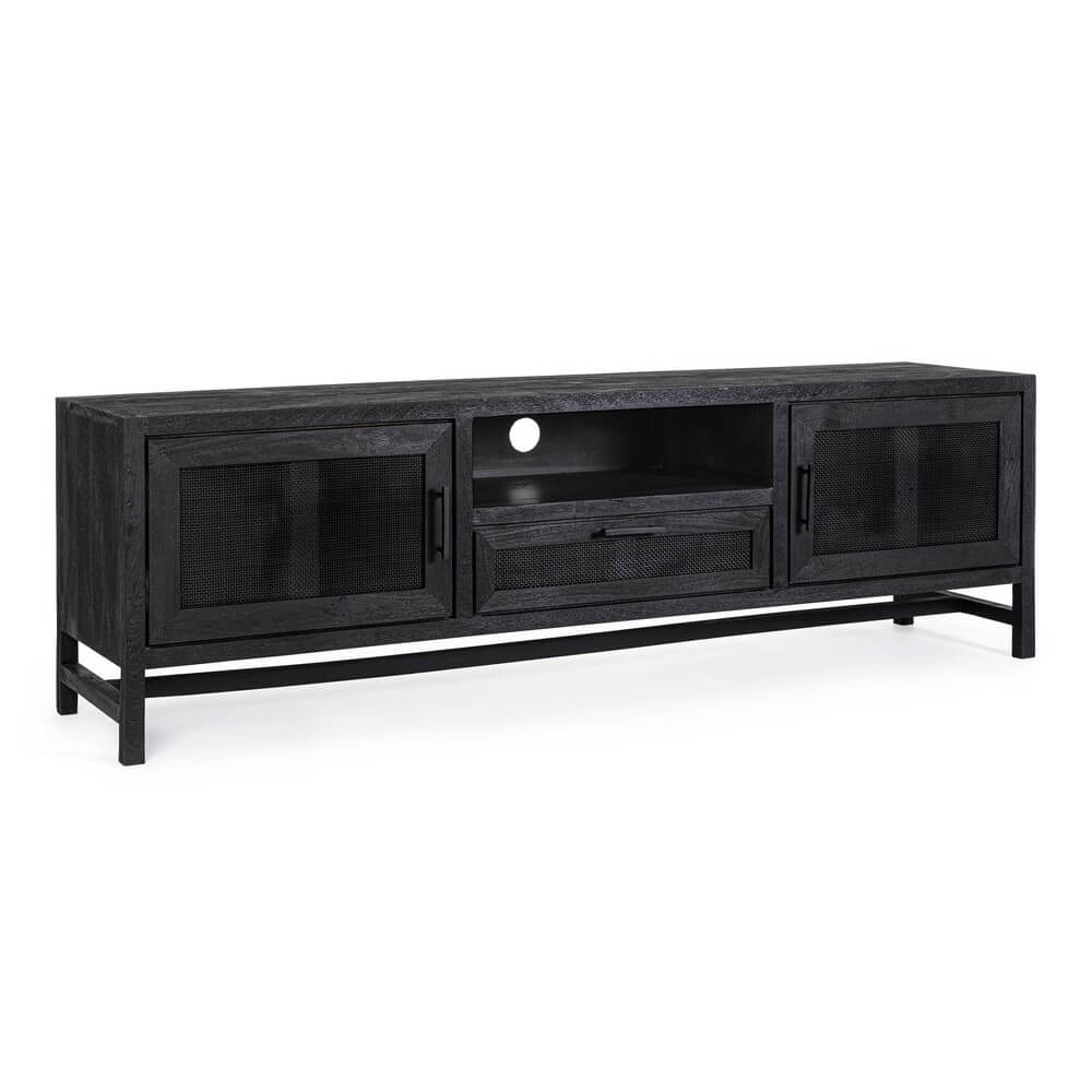 Mobile porta TV in legno di mango con 2 ante e 1 cassetto in rattan - STANLEY